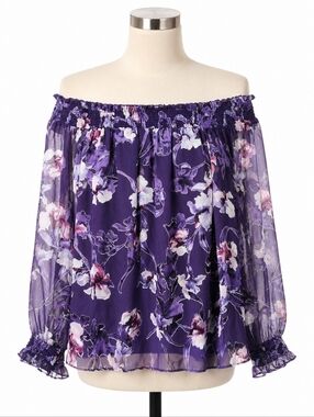 White House Black Market NWT Purple Floral Off Shoulder Silk Blend Top S Grunge